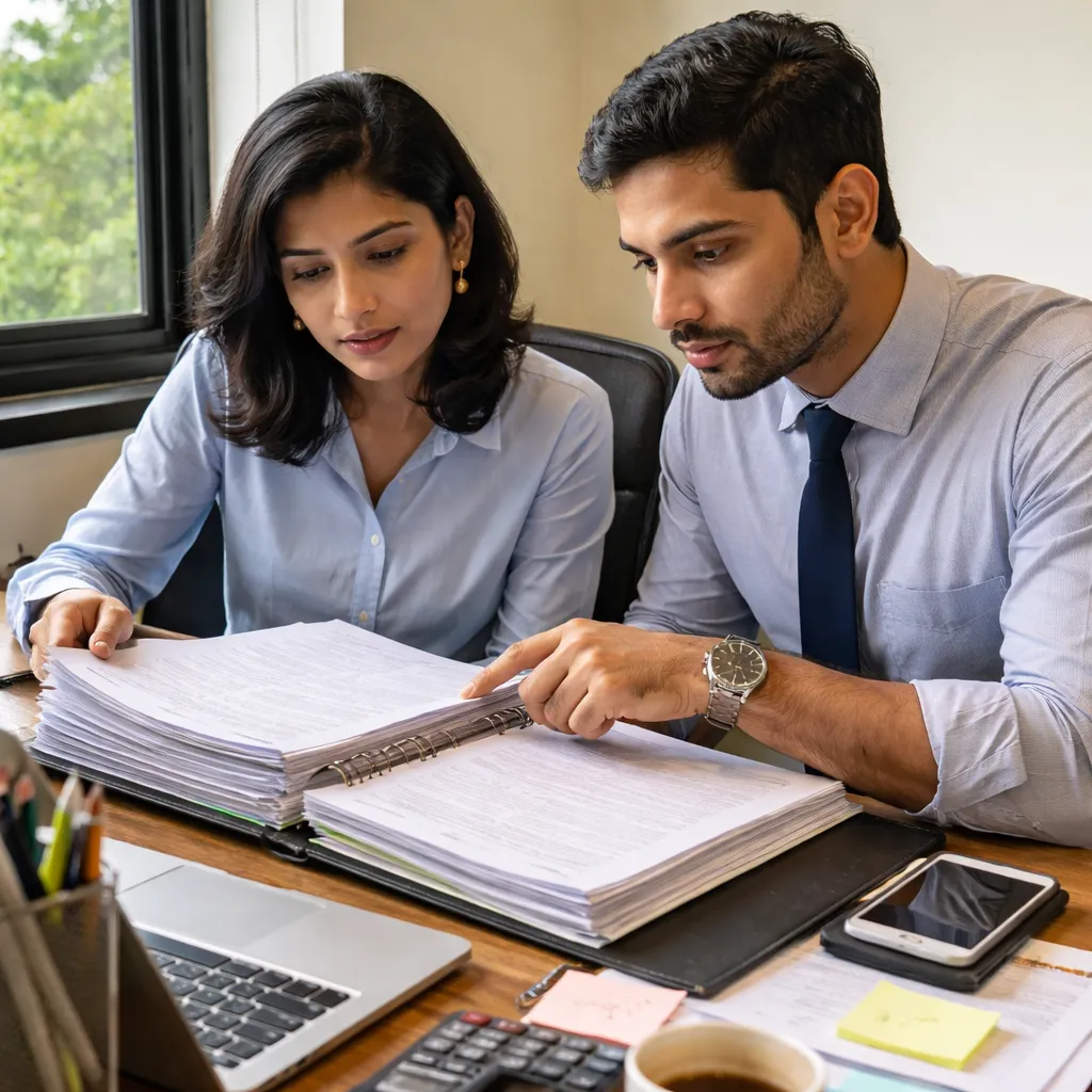 Adjudicators reviewing documentary evidence at a desk