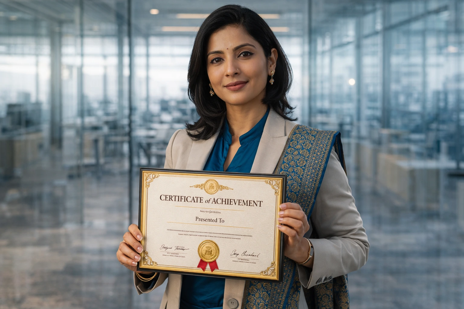 Indian Female Tech CEO holding Official Record Certificate