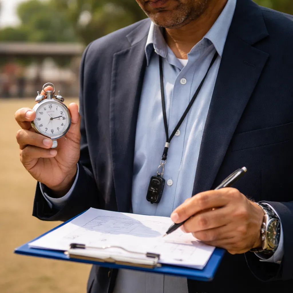 Official adjudicator on site with a stopwatch and checklist