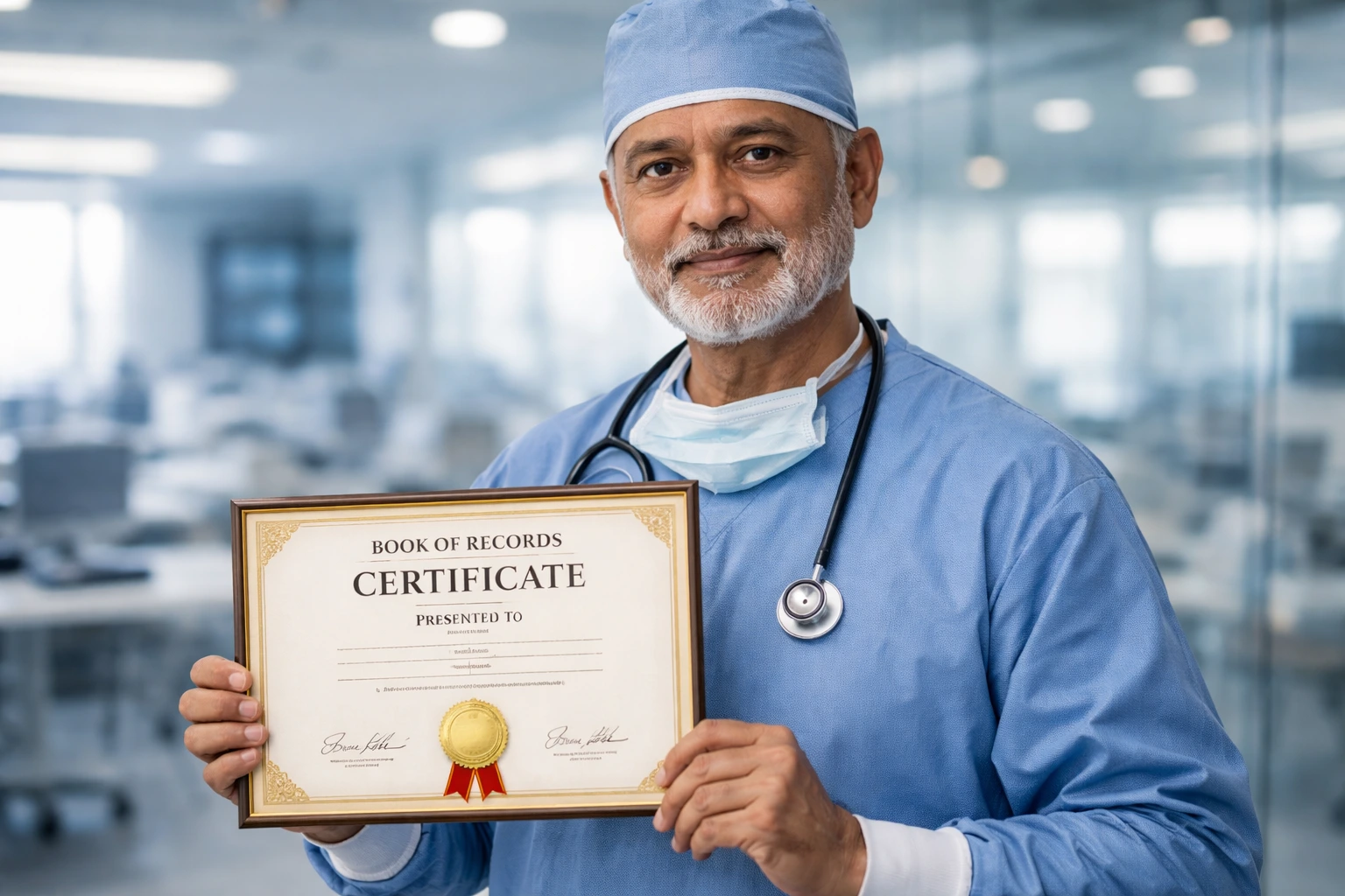 Senior Surgeon holding Medical Science Record Certificate